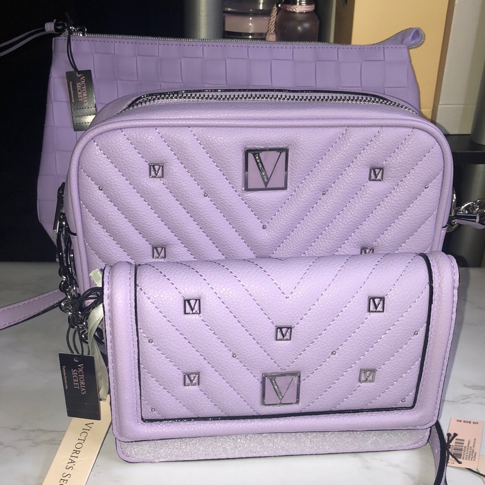 Victoria’s Secret purple set crossbody bag, travel pouch and  phone wallet.